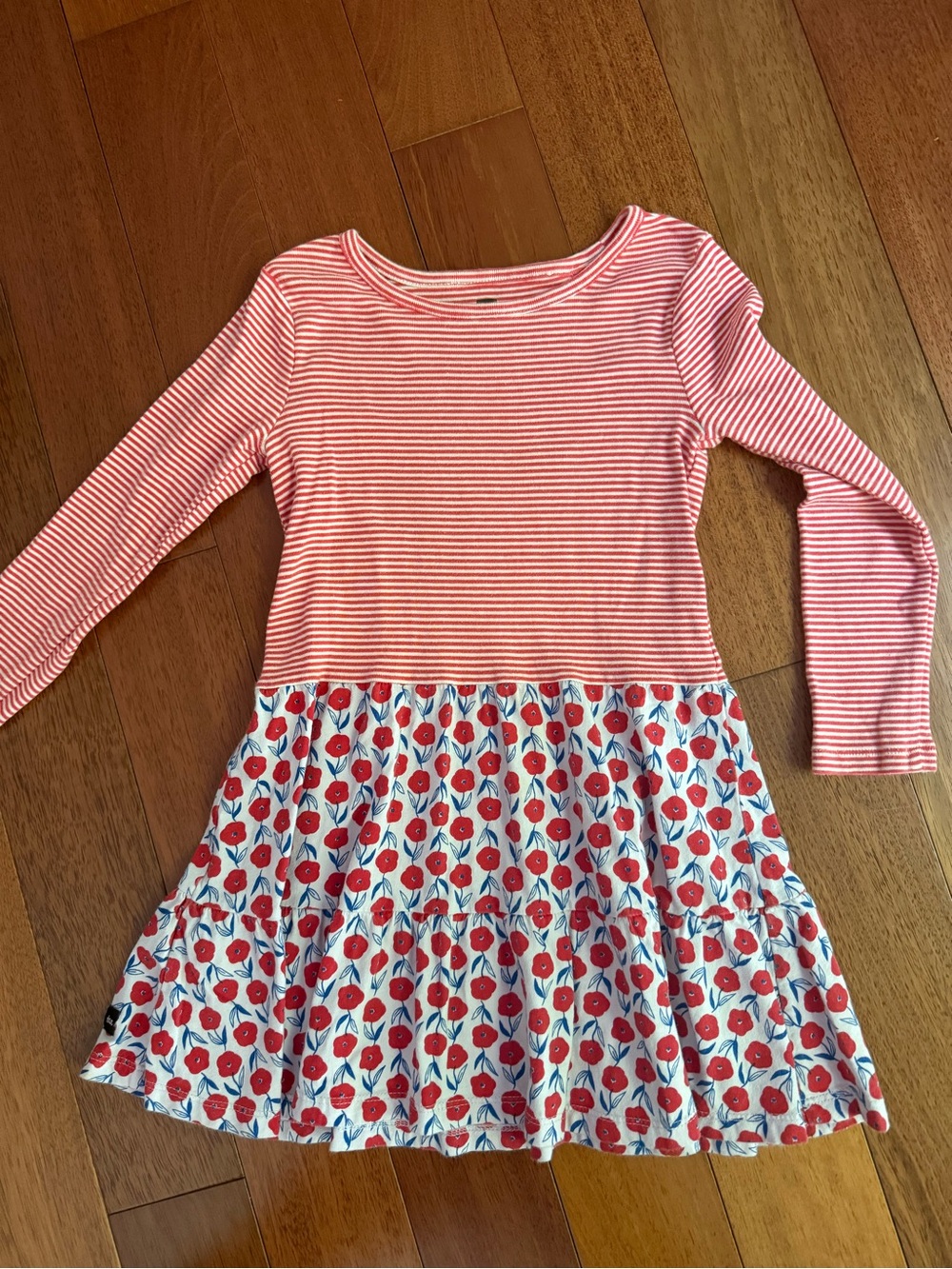 Tea Collection Girls' Pink Striped Bodice with Red Floral Tiered Skirt Dress